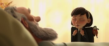 Movie still from “The Little Prince” (2015), directed by Mark Osborne – An animated scene of a woman looking at a man; Close Up shot, Over the shoulder angle