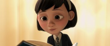 Movie still from “The Little Prince” (2015), directed by Mark Osborne – A cartoon of a girl in a suit and tie; Close Up shot, High angle