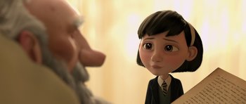 Movie still from “The Little Prince” (2015), directed by Mark Osborne – A cartoon of a girl looking at a man's face; Close Up shot, Over the shoulder angle