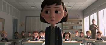 Movie still from “The Little Prince” (2015), directed by Mark Osborne – A cartoon of a girl in a classroom with other students in the background; Close Up shot, Over the shoulder angle