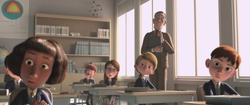 Movie still from “The Little Prince” (2015), directed by Mark Osborne – A man and a woman are sitting at a desk; Wide shot, Low angle