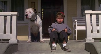 Movie still from “The Little Rascals” (1994), directed by Penelope Spheeris – A boy sitting on the steps of a house next to a dog; Medium shot, Low angle