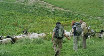 Movie still from “The Loneliest Planet” (2011), directed by Julia Loktev – Two men walking through a field with a herd of sheep; Wide shot, High angle