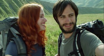 Movie still from “The Loneliest Planet” (2011), directed by Julia Loktev – A man and a woman standing next to each other in a field; Close Up shot, Low angle