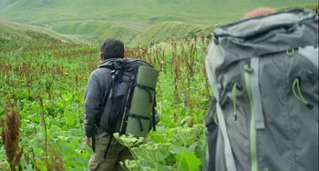 Movie still from “The Loneliest Planet” (2011), directed by Julia Loktev – A man with a backpack walking through a field of plants; Wide shot, Low angle