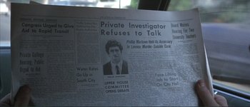 Movie still from “The Long Goodbye” (1973), directed by Robert Altman – The front page of a newspaper; Close Up shot, High angle