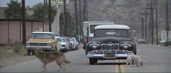 Movie still from “The Long Goodbye” (1973), directed by Robert Altman – A dog is walking down the street in front of cars; Wide shot, Low angle
