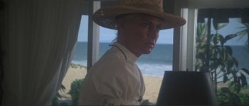 Movie still from “The Long Goodbye” (1973), directed by Robert Altman – A woman wearing a straw hat standing in front of the ocean; Close Up shot, Low angle