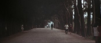 Movie still from “The Long Goodbye” (1973), directed by Robert Altman – People are walking down the street at night; Extreme Wide shot, High angle
