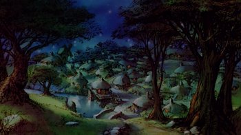 Movie still from “The Lord of the Rings” (1978), directed by Ralph Bakshi – A painting of a village in the night time; Extreme Wide shot, High angle