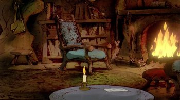 Movie still from “The Lord of the Rings” (1978), directed by Ralph Bakshi – An animated chair and a candle in a room; Wide shot, High angle
