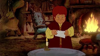 Movie still from “The Lord of the Rings” (1978), directed by Ralph Bakshi – A man holding an envelope while standing next to a candle; Medium shot, High angle