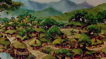 Movie still from “The Lord of the Rings” (1978), directed by Ralph Bakshi – A painting of a village in the middle of the day; Extreme Wide shot, High angle