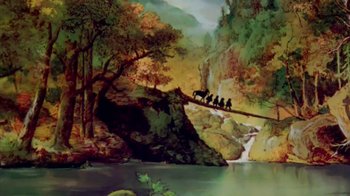 Movie still from “The Lord of the Rings” (1978), directed by Ralph Bakshi – A painting of people crossing a bridge over a river; Extreme Wide shot, High angle