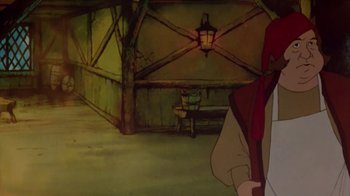 Movie still from “The Lord of the Rings” (1978), directed by Ralph Bakshi – A person standing in front of a building with lights on it; Medium shot, Over the shoulder angle