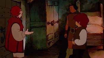 Movie still from “The Lord of the Rings” (1978), directed by Ralph Bakshi – A group of people standing around in a room; Medium shot, Over the shoulder angle