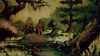 Movie still from “The Lord of the Rings” (1978), directed by Ralph Bakshi – A painting of a man and two children in a forest; Wide shot, Low angle