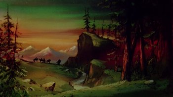 Movie still from “The Lord of the Rings” (1978), directed by Ralph Bakshi – A painting of a landscape with a horse and carriage traveling down a hill; Extreme Wide shot, Low angle