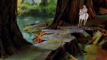 Movie still from “The Lord of the Rings” (1978), directed by Ralph Bakshi – A white horse standing in front of a tree; Wide shot, High angle