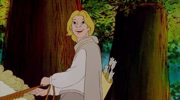 Movie still from “The Lord of the Rings” (1978), directed by Ralph Bakshi – A cartoon of a woman holding a bow and arrow; Medium shot, Low angle
