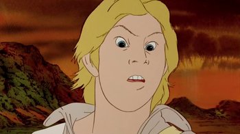 Movie still from “The Lord of the Rings” (1978), directed by Ralph Bakshi – A cartoon character with a surprised look on his face; Close Up shot, Low angle