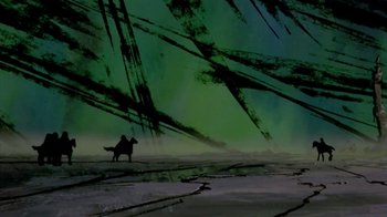 Movie still from “The Lord of the Rings” (1978), directed by Ralph Bakshi – A person on a horse in a field; Extreme Wide shot, Low angle