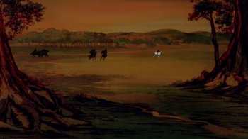 Movie still from “The Lord of the Rings” (1978), directed by Ralph Bakshi – A painting of horses running in a field at night; Extreme Wide shot, Low angle