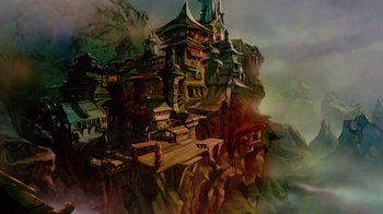 Movie still from “The Lord of the Rings” (1978), directed by Ralph Bakshi – A painting of a castle on top of a mountain; Extreme Wide shot, High angle