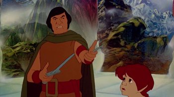 Movie still from “The Lord of the Rings” (1978), directed by Ralph Bakshi – A man holding a sword in front of another man; Medium shot, Over the shoulder angle