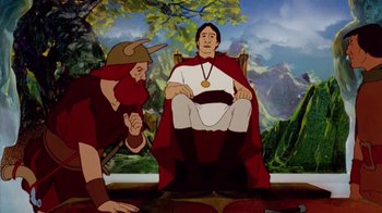 Movie still from “The Lord of the Rings” (1978), directed by Ralph Bakshi – An animated scene of a man sitting in a chair; Wide shot, Low angle