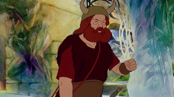 Movie still from “The Lord of the Rings” (1978), directed by Ralph Bakshi – An animated picture of a man with a beard and a horned hat; Medium shot, High angle