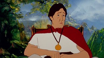 Movie still from “The Lord of the Rings” (1978), directed by Ralph Bakshi – A man with a medal sitting in a chair; Medium shot, Low angle
