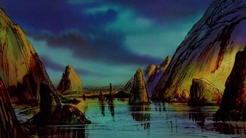Movie still from “The Lord of the Rings” (1978), directed by Ralph Bakshi – A painting of a body of water with mountains in the background; Extreme Wide shot, Low angle