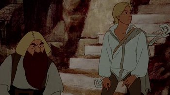 Movie still from “The Lord of the Rings” (1978), directed by Ralph Bakshi – A couple of people standing next to each other; Medium shot, High angle