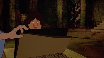 Movie still from “The Lord of the Rings” (1978), directed by Ralph Bakshi – A girl is sitting in a boat in the middle of the street; Close Up shot, High angle