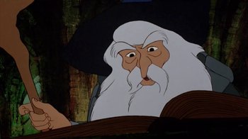 Movie still from “The Lord of the Rings” (1978), directed by Ralph Bakshi – An old man with long white hair and a white beard; Close Up shot, Overhead angle