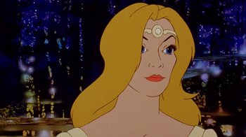 Movie still from “The Lord of the Rings” (1978), directed by Ralph Bakshi – A woman's face in a cartoon style; Close Up shot, Over the shoulder angle