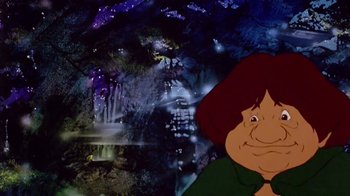 Movie still from “The Lord of the Rings” (1978), directed by Ralph Bakshi – A character from the movie peter pan; Close Up shot, High angle