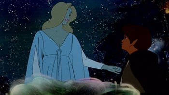 Movie still from “The Lord of the Rings” (1978), directed by Ralph Bakshi – A woman and a man are standing next to each other in front of a night sky; Medium shot, Over the shoulder angle