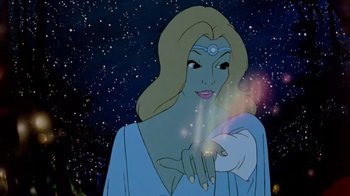Movie still from “The Lord of the Rings” (1978), directed by Ralph Bakshi – A woman is holding something in front of a sky background; Medium shot, Over the shoulder angle