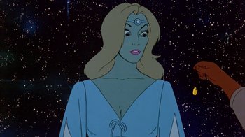 Movie still from “The Lord of the Rings” (1978), directed by Ralph Bakshi – A woman with blonde hair wearing a blue dress; Medium shot, Over the shoulder angle