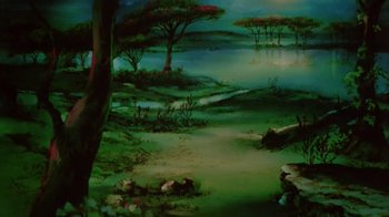 Movie still from “The Lord of the Rings” (1978), directed by Ralph Bakshi – An oil painting of trees and a lake; Extreme Wide shot, High angle