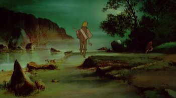 Movie still from “The Lord of the Rings” (1978), directed by Ralph Bakshi – A painting of a man walking in the woods; Wide shot, High angle