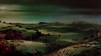 Movie still from “The Lord of the Rings” (1978), directed by Ralph Bakshi – An oil painting of a green landscape with a dark sky above it; Extreme Wide shot, Low angle