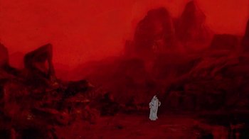 Movie still from “The Lord of the Rings” (1978), directed by Ralph Bakshi – A painting of a man in a white robe standing in the desert; Extreme Wide shot, High angle