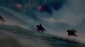 Movie still from “The Lord of the Rings” (1978), directed by Ralph Bakshi – A man riding a horse on top of a hill at night; Extreme Wide shot, Low angle