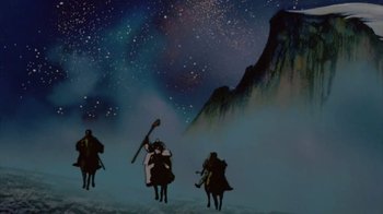 Movie still from “The Lord of the Rings” (1978), directed by Ralph Bakshi – A group of people riding horses in the snow; Extreme Wide shot, Low angle