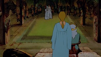 Movie still from “The Lord of the Rings” (1978), directed by Ralph Bakshi – A scene from the animated film the princess and the frog; Wide shot, Over the shoulder angle