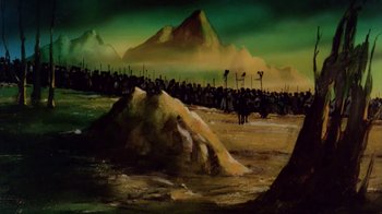 Movie still from “The Lord of the Rings” (1978), directed by Ralph Bakshi – An oil painting of a group of people in the desert; Extreme Wide shot, Low angle