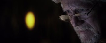 Movie still from “The Lords of Salem” (2012), directed by Rob Zombie – A dog with a pair of eye glasses on its head; Close Up shot, Low angle